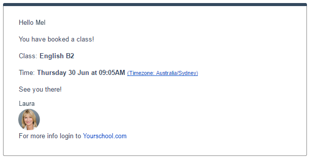 student confirmation class booked email