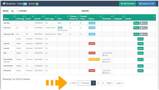 crm student dashboard summary table sort